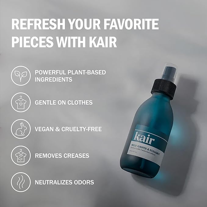 Kair Signature Finishing Spray - Wild Juniper & Bergamot | Plant-Based Fabric Refresher & Wrinkle Release, 5 Fl Oz (750 Spritzes), Vegan, Cruelty-Free, Biodegradable, Odor-Neutralizing Fresh Scent