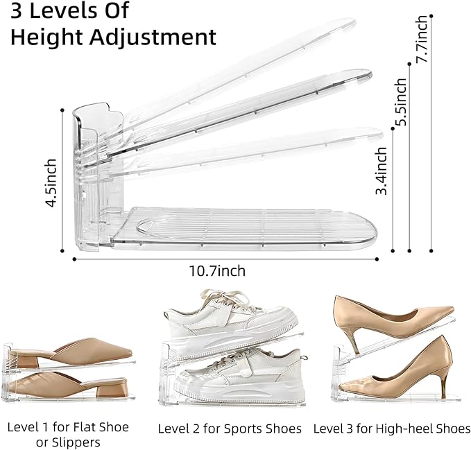 20 Pack Shoe Slots Organizer Adjustable Level Shoe Stacker Holder Storage Space Saving Sneakers Display Tray Rack for Closet (Transparent, 20 Pack)