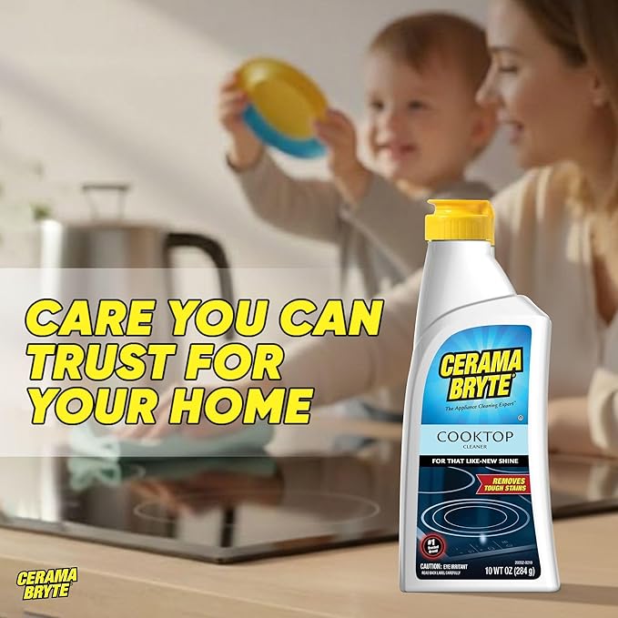 Cerama Bryte Glass Cooktop and Stove Top Cleaner Combo Kit - Includes Cleaning Tool, Razor, Scraper and 1 Pad to Remove Tough Stains - Use on Gas, Electric, Ceramic Surfaces, 18 Ounces, 4 Piece