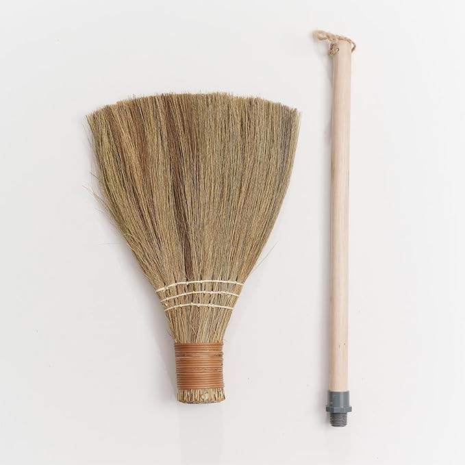 Natural Whisk Sweeping Hand Handle Broom - Vietnamese Straw Soft Broom for Cleaning Dustpan Indoor - Outdoor - Decorative Brooms - Wooden Handle - 9.84'' Width, 27.55" Length
