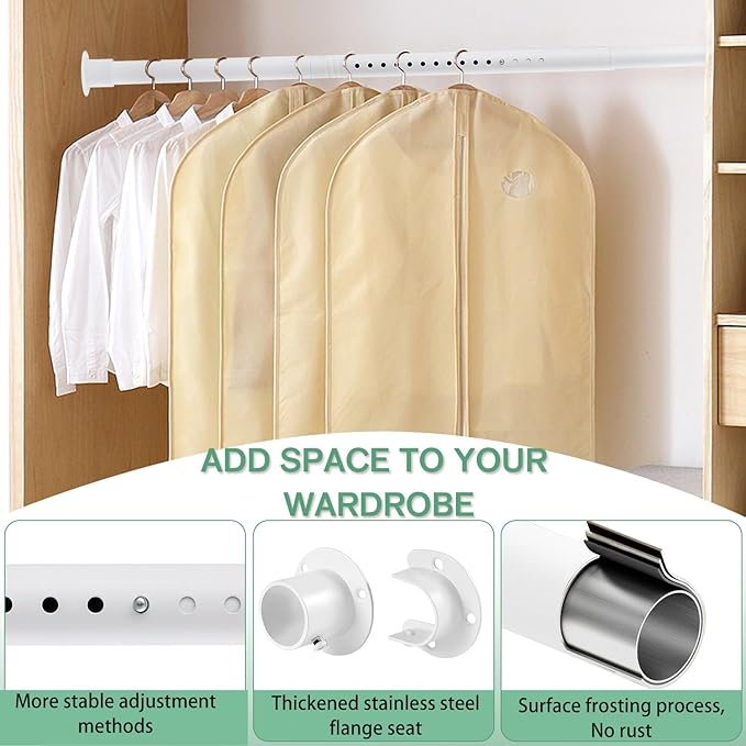 Closet Rod - 17-100 Inches, 1.3 Inch Diameter Heavy Duty Closet Rods Extender Hanging - Metal Matte White Adjustable Clothes Hanging Bar, for Closet, Bathroom, Windows