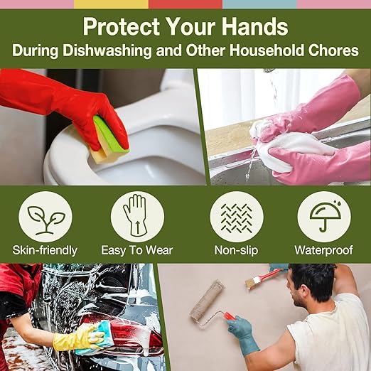 Rubber Cleaning Gloves 5 Pairs Kitchen Dishwashing Gloves Reusable for Household Washing Dishes Cleaning Gardening, Non-Slip Water Resistant Dish Gloves for Women Men Medium