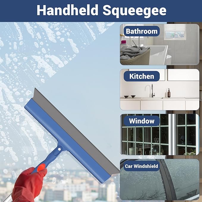 Floor Squeegee for Concrete Floor, 15.8" Large Heavy Duty Squeegee for Floor with 60" Adjustable Handle, 2-in-1 Silicone & EVA Blade for Garage,Concrete,Tile,Bathroom,Window Glass Cleaning