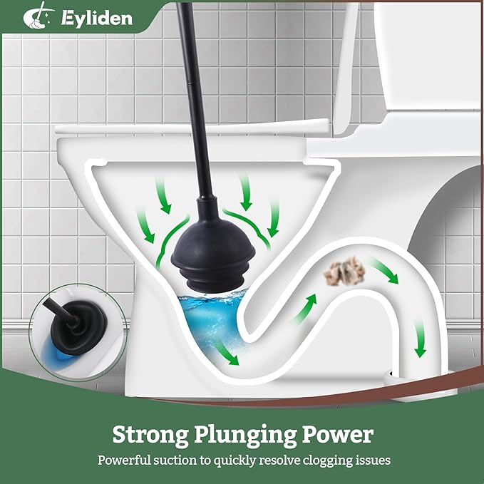 Eyliden Disposable Toilet Brush and Plunger Combo | 2-in-1 Toilet Bowl Wand Kit - 10 Count Pre-Soaked Refill Heads, 3-Step Plunger, Storage Holder - Compact Toilet Cleaning System, Black