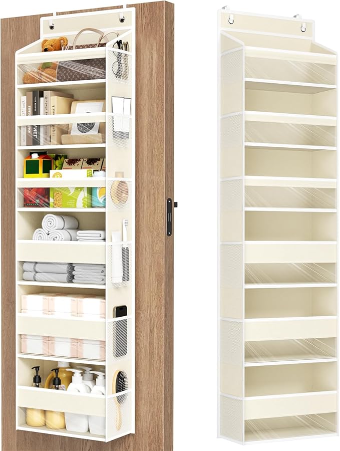 Mefirt Over The Door Organizer, 6 Shelf Door Hanging Organizers with 6 Large Capacity Pockets, Behind Door Storage Hanging Shelves for Closet Wall Bathroom Bedroom Nursery