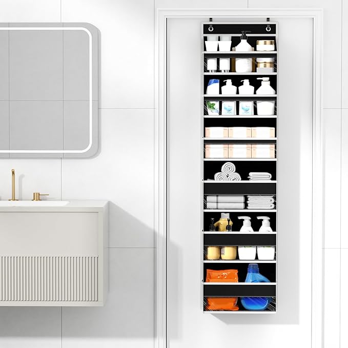 Mefirt Over The Door Organizer, 6 Shelf Door Hanging Organizers with 6 Large Capacity Pockets, Behind Door Storage Hanging Shelves for Closet Wall Bathroom Bedroom Nursery