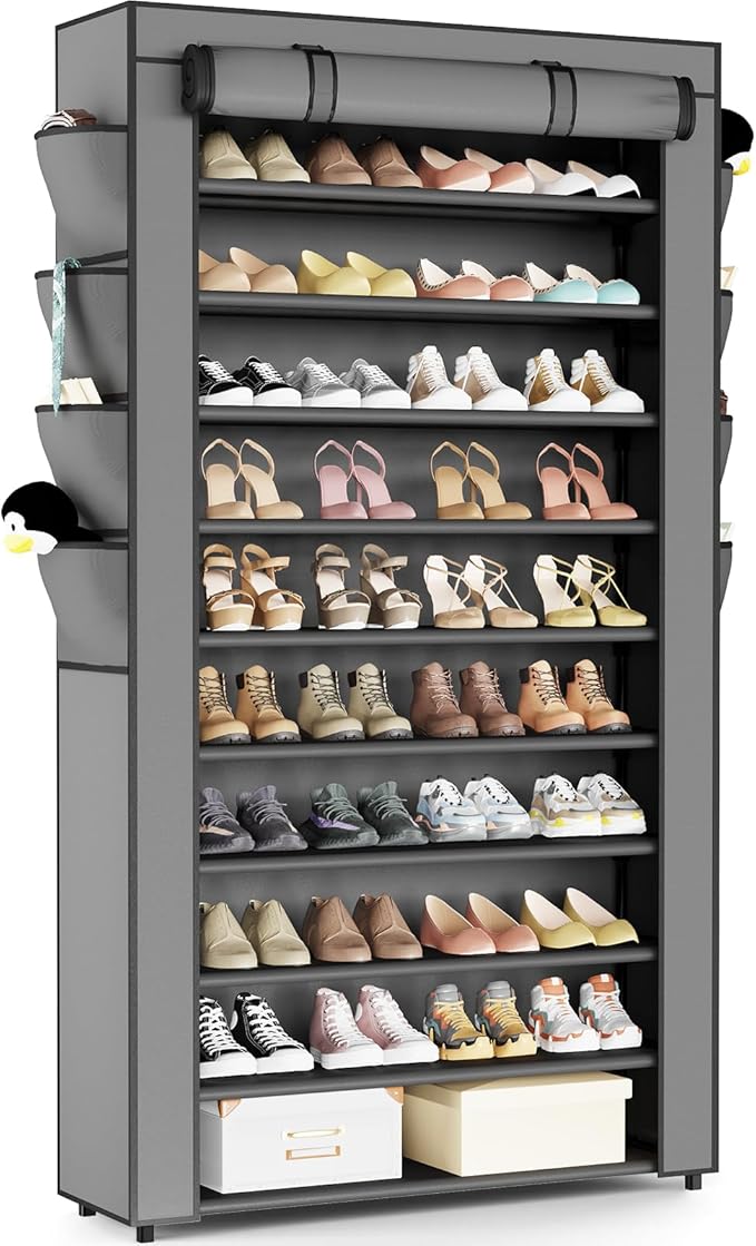 Mavivegue Shoe Rack with Cover, 10+1 Tier Tall Shoe Storage for 50-55 Pairs of Shoes, Shoe Organizer for Entryway, Closet, Garage, Grey