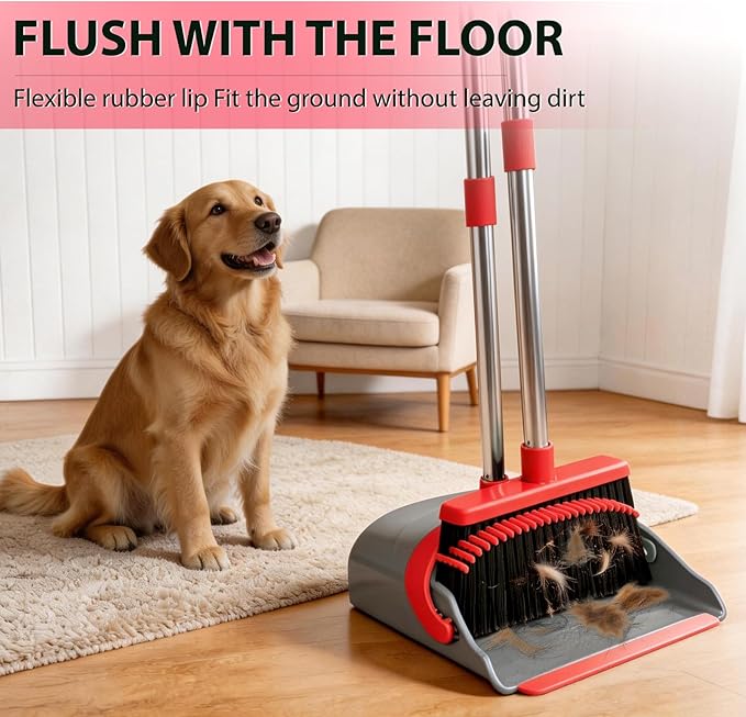 YZO Broom and Dustpan Set, 50.6-Inch Long Handle Standing Design, Dustpan Front Rubber Tight Seal, Broom with 5-Layer Bristles, Suitable for Living Room, Bedroom, Yard, Office and Apartment(Gray&Red)