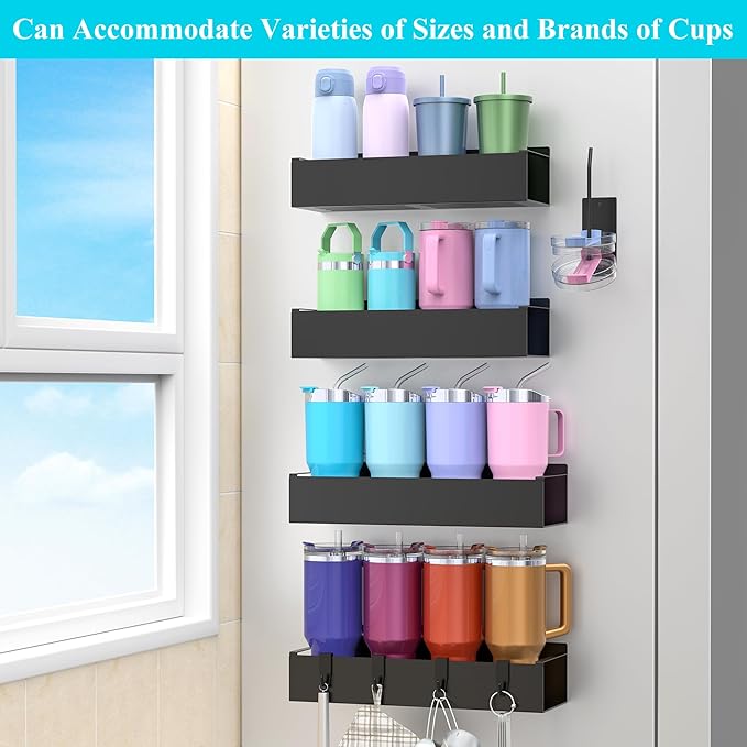 Metal Magnetic Water Bottle Holder for Refrigerator, Cup Holder Organizer for Stanley and Tumbler for Kitchen, 4 Pack, Jet Black