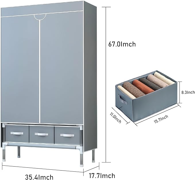Portable Wardrobe Closet with Shelves & Drawers - Light Grey Oxford Fabric Clothes Organizer for Bedroom, Dorm Room - Waterproof, Easy Assembly No Tools Needed(35.4" x 17.7" x 67")