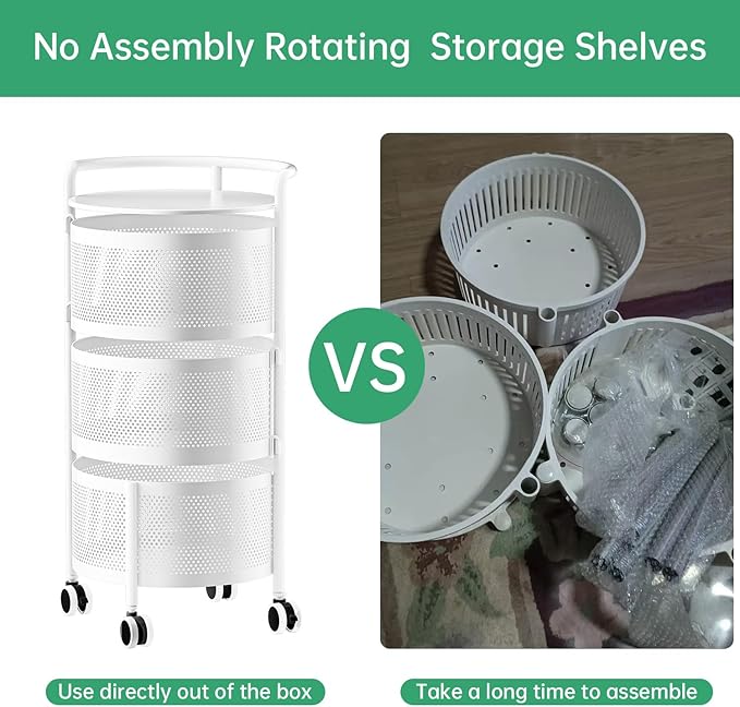 Vegetables Storage Basket, Rotating Storage Shelves Basket Carts Rack Organizer Bin on Rolling Wheels in Kitchen Household for Fruits Grocery Corns Potatos-(3-tier,White)