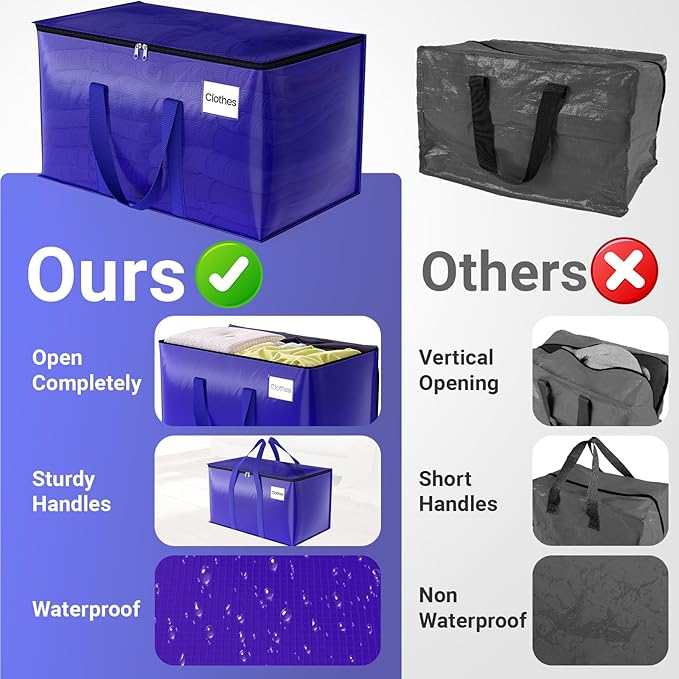 FabSpace Moving Storage Bags, Moving Supplies Packing Boxes for Moving, Camping, College Dorm Room Essentials for Girls, Blue Tote Bags, Heavy-Duty Storage Bins With Lids And Zippers, 76L 6 Pack