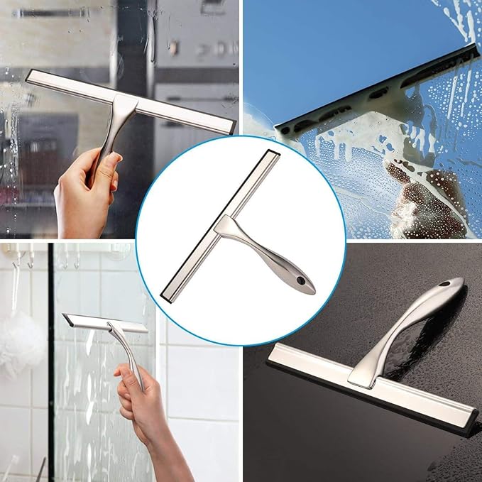 10-Inch All-Purpose Stainless Steel Shower Squeegee — Bathroom Glass Door and Mirror Cleaner with 2 Adhesive Hooks, Ideal for Windows, Tiles, Walls, and Cars, Silver Finish