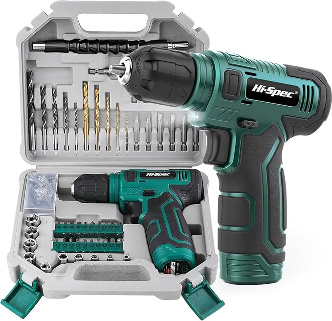 Hi-Spec 110pc Green 8V USB Electric Power Cordless Drill Driver Set. Drill Bits, Sockets and Screwdriver Bit Set Accessories In a Portable Toolbox Case