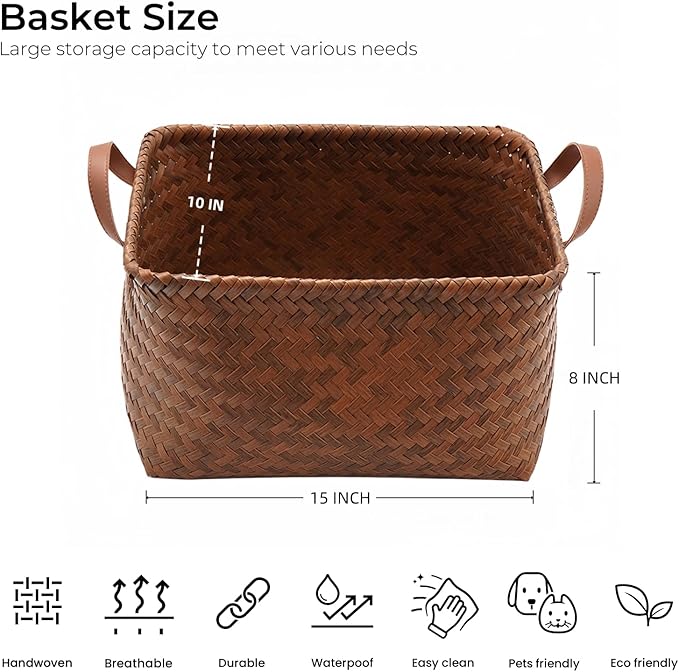 GIB Wicker Storage Baskets for Shelves, Woven Laundry Basket for Organizing Clothes Blanket Basket, Decorative Rectangular Closet Organizers Storage Bins with Handles, Brown, 4 Pack
