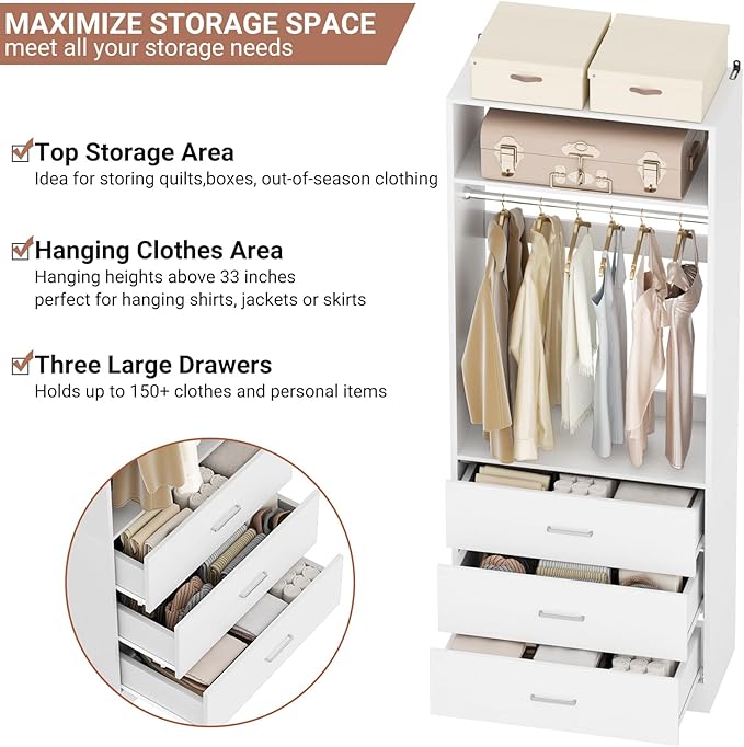 Besiost Closet System Set of 4, 8FT Closet Systems with 12 Wood Drawers, 96" Closet Organizer System with 4 Hanging Rods & 4 Shelves, Heavy Duty 96 Inch Walk-in Closet, White (96"L x 15" W x 80" H)