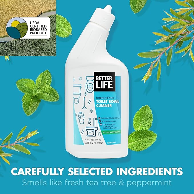 Better Life Toilet Bowl Cleaner, Plant-based, Stain & Odor Remover, Tea Tree & Peppermint Scent Cleaning Gel, Liquid Bathroom Cleaners for Household, 24 Oz, Pack of 2