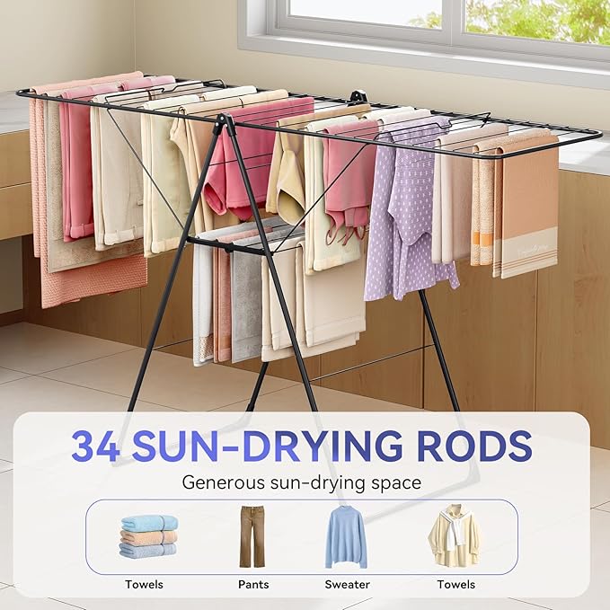 APEXCHASER Clothes Drying Rack, Foldable Oversized Drying Rack Clothing with L-Shaped Foot Cover, Height-Adjustable, Multi-Bar Laundry Rack, Indoor Outdoor Use, 20.4" D x 70" W x 42.52" H, Jet Black