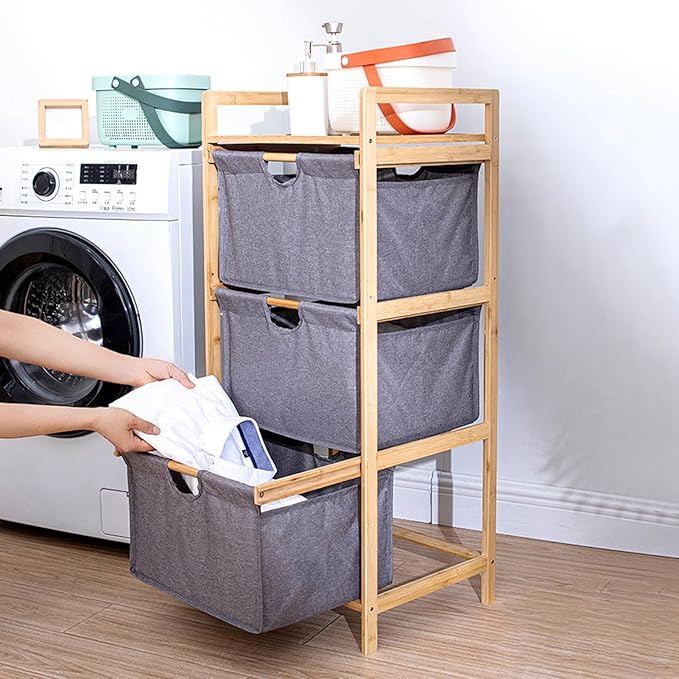 Yosoo 3 Tier Laundry Hamper Organizer with Towel Cabinet Handles, Large Capacity Box Shelf, Compact Design for Bathroom Bedroom Living Room, Ideal Storage Organizer (Grey)