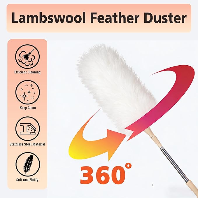 Lambswool Duster Extendable 22–55 Inch Natural Wool Duster with Flexible Head for Ceilings Furniture Blinds Electronics Washable Reusable White