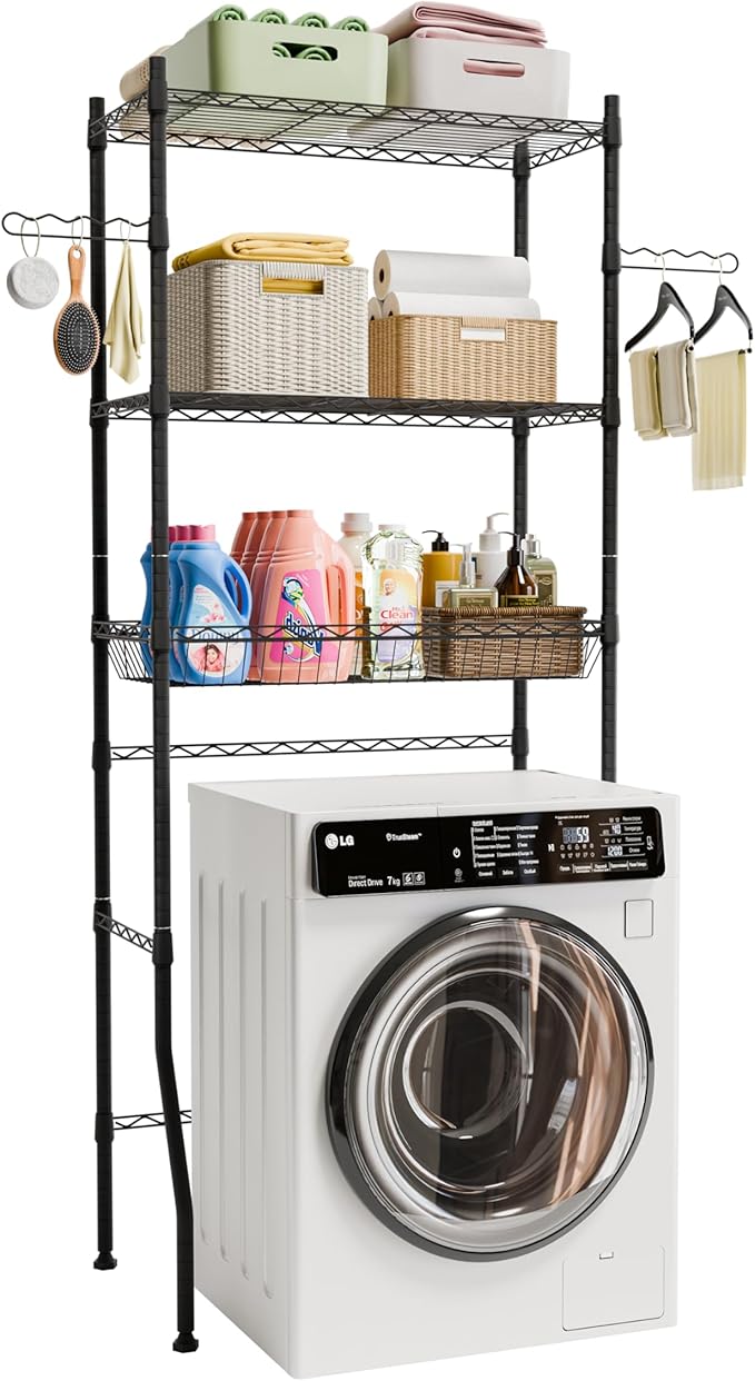 Laundry Room Storage Shelf, 3 Tier Metal Over Washer and Dryer Shelves, Adjustable Washing Machine Shelf with Basket & Hanger Rods, Bathroom Space Saver Shelf, 29.5" L x 17.7" W x 71.2" H, Black