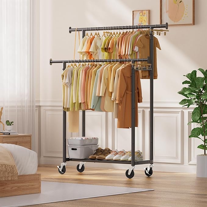 Simple Trending Clothes Rack, Double Rods Clothing Rack for Hanging Clothes, Metal Garment Rack with Rolling Wheels, Portable Wardrobe Closet Rack for Coat, Bedroom, Laundry, Black