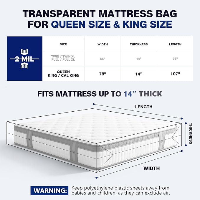 2 Pack Mattress Bags for Moving & Storage - 107" x 78" x 14'' for King / Queen Size, Waterproof & Tear-Resistant, 2.0 MIL Heavy Duty Mattress Cover Moving Supplies