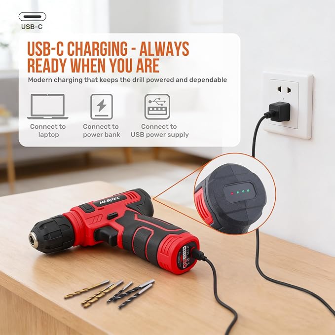 Hi-Spec 8V Cordless Drill Set & Starter Tool Kit – Rechargeable USB Electric Power Drill Driver, Compact Home Tool Set with Accessories, Red, Perfect for DIY Enthusiasts