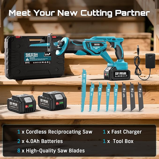 SEESII Reciprocating Saw Cordless, Variable Speed 3500 RPM Brushless Motor with 8 Saw Blades, 2 x 4.0Ah Batteries, LED Light, Tool‑Free Blade Change, Portable for Wood PVC Cutting (Dark Blue)