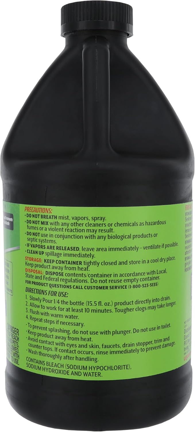 Liquid Rhyno 62 oz. Drain Opener, 2X Concentrate Hair Clog Remover for Sink, Bathtub or Shower Drains, Fast Acting Pro Strength Clears Slow-Flowing Drains, Safe for all Drain Pipes, 4 Treatments