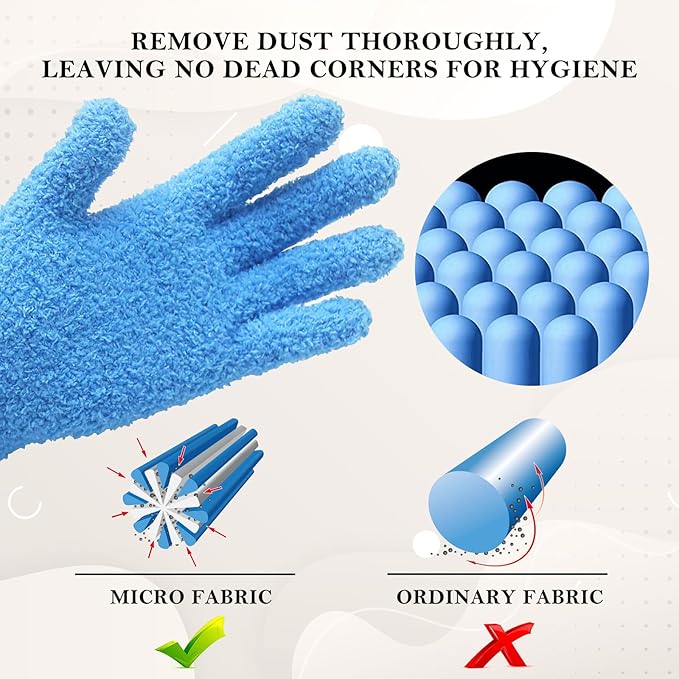 Evridwear Microfiber Dusting Gloves, Dusting Cleaning Glove for Plants, Blinds, Lamps and Small Hard to Reach Corners, 2 Pairs (Blue S/M)
