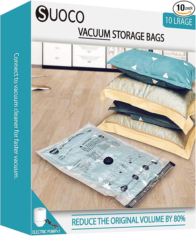 Vacuum Storage Bags with Electric Pump, Compression Packing Bags for Travel Luggage, Space Saver for Clothing Clothes Bedding Blankets Pillows, 10 Large