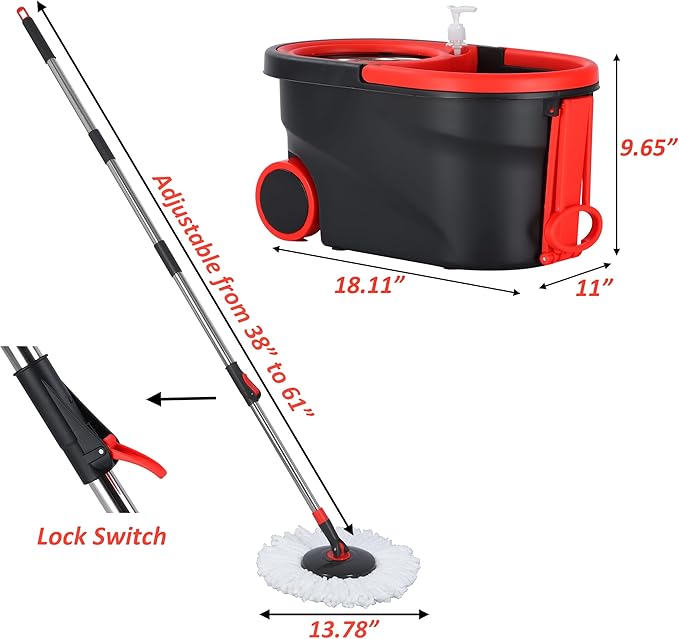 Mop and Bucket Set, Spin Mop and Bucket with Wringer, Mops for Floor Cleaning System, Stainless Steel 360 Floor Mop Bucket on Wheels, 3 Microfiber Mop Replacement Heads