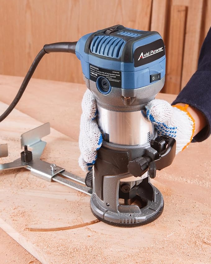 AVID POWER 6.5 Amp 1.25 HP Compact Router Tools for Woodworking, Fixed Base Wood Router with Trim Router Bits, 6 Variable Speeds, Edge Guide, Roller Guide, Dust Hood (Blue, 65mm)