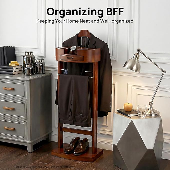 Wood Men Valet Stand with Drawer, Standing Suit Valet Stand, Clothes Organizer Rack for Home Entryway Living Room Bedroom Office, 22lbs Load Capacity(Brown)