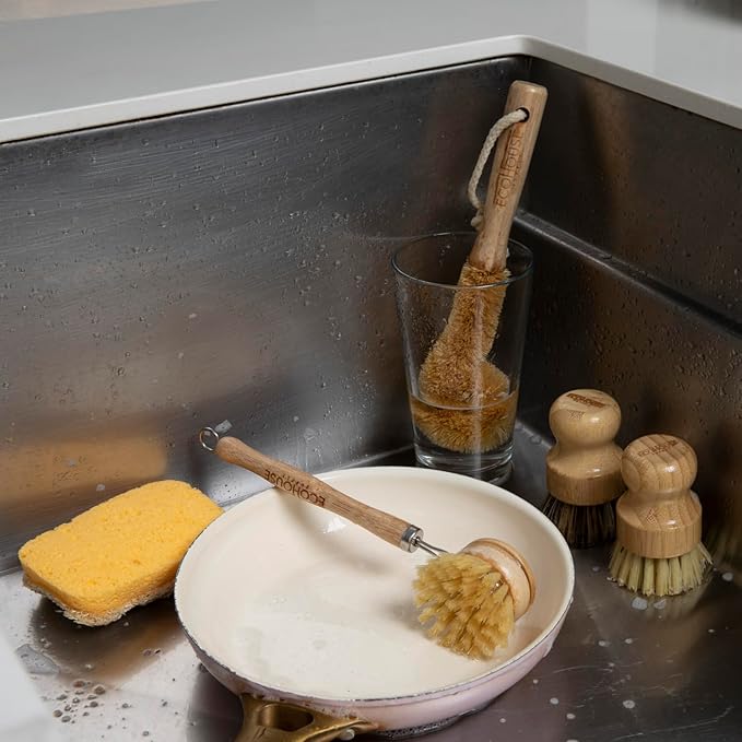 ECOHOUSE SUPPLY™ Bamboo Dish Brush Set – 6-Piece Natural Fiber Kitchen Brush Set with Loofah Sponges (No Bleach), Sisal & Palm Scrubbers – Non-Toxic, Eco-Friendly, Plastic-Free Dish Cleaning Brushes.