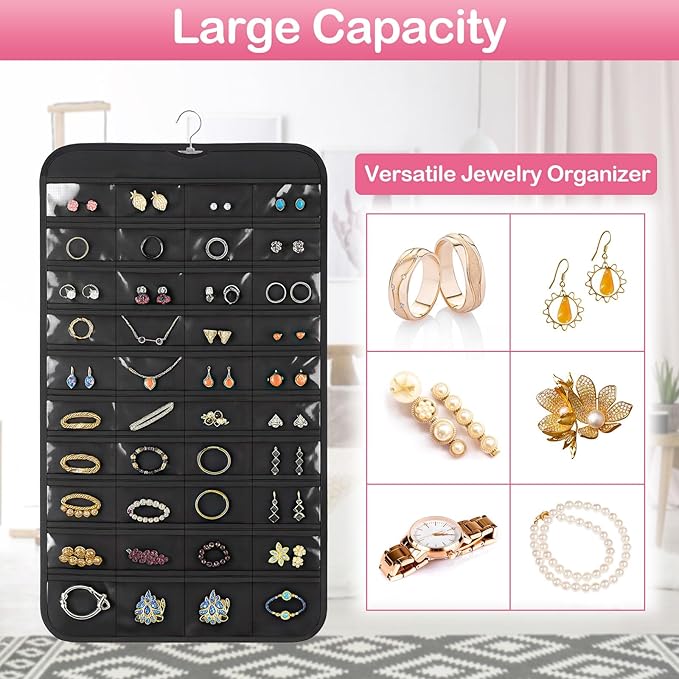2 Pack Hanging Jewelry Organizer, 80 Clear Pockets earring organizer and storage, Accessories holder organizer for Closet, Jewelries, Necklace, Travel