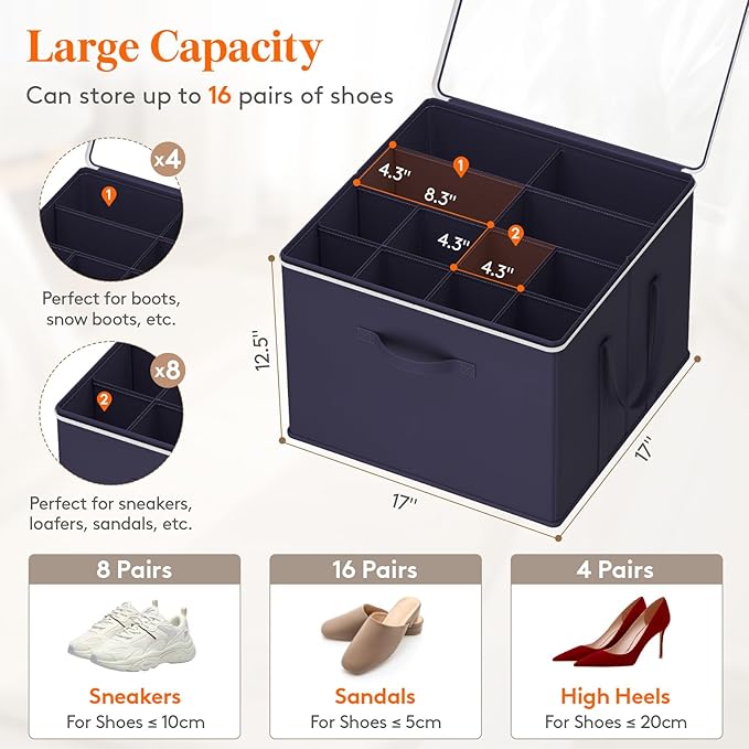 Lifewit 4 Pack Shoe Storage Organizer for Closet, Large Shoe Box Storage Containers with Clear Cover, Foldable Storage Bins Fit for Boots Fits 48-64 Pairs (Each 12-16 Pairs) Blue