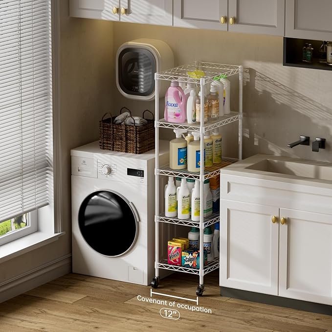 SINGAYE 6 Small Shelf Storage Wire Shelves Closet Bathroom Organizers Metal Pantry Kitchen Garage Shelving Unit Laundry Room Organization Home Narrow Rack Net Basket with Wheels White