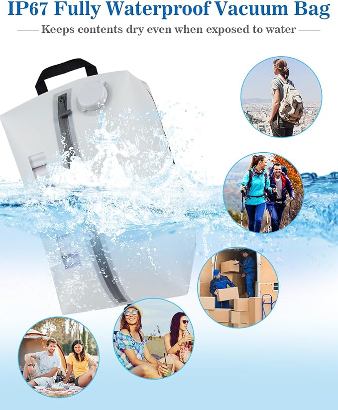 Professional Vacuum Bags with Built-in Pump, 30L Vacuum Seal Bags with See-through Window, Space Saver Bags for Clothing Travel IP67, Reusable Compression Bag (Silver White 1PC)