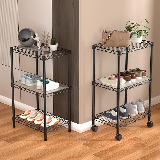 Golpart Small 3 Tier Shelves Storage Wire Shelving Unit Metal Shelf Adjustable Organizers Storage Shelving with Wheels for Bathroom Laundry Room Kitchen Pantry12”D x 18”W x 30.7”H Black