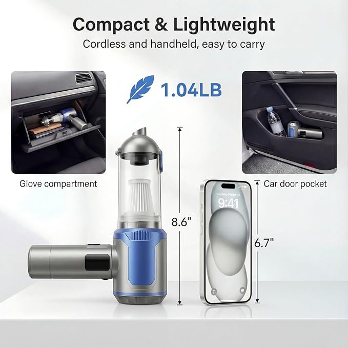 Handheld Car Vacuum Cleaner, 20000Pa High-Power Cordless Vacuum with 6000mAh Battery, LED Light, Washable HEPA Filter, Large Dust Cup, Lightweight Mini Vacuum for Car/Home/Pet Hair