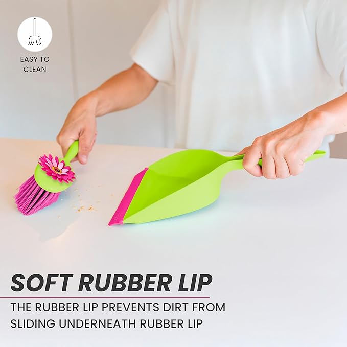 Vigar Flower Power Dust Pan and Brush Handy Set, 12-3/4-Inches, Green, Pink