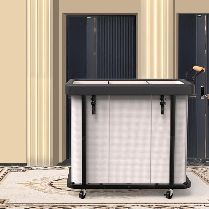 230L (60 Gal) Extra Large Fashion Laundry Sorter 3 Section with Lid, Rolling Laundry Basket Hamper with Handle, Laundry Organizer Storage Cart with Sturdy Metal Frame for Laundry Room, Hotel, White
