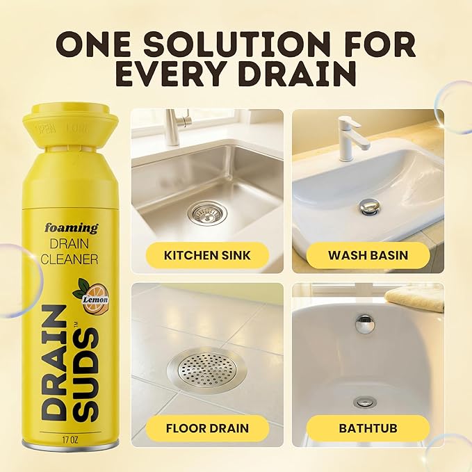 Foaming Drain Cleaner, Sink Cleaner and Deodorizer, Drain Clog Remover for Kitchen Sinks, Bathrooms, Shower Drains, Tubs, Washbasin, Clogged Pipe Opener, Lemon, 2 Pack