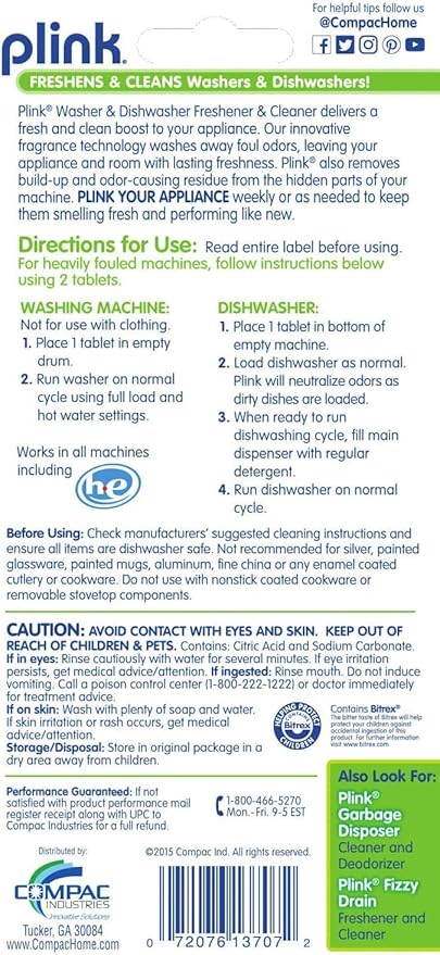 Compac Home Plink Appliance Freshener, Dishwasher, Washing Machine Cleaner, Water Activated, Fresh Lemon Scent, 4 Count
