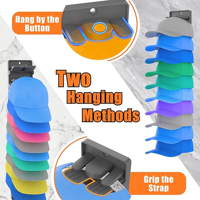 Hat Organizer for Baseball Caps 2 Packs with Built-in Spring Clips - Wall Mount Closet Hat Rack Holder,Storage for Door/Closet Display Hat Racks Hanger (Strong Adhesive & Screws) Matte Black.