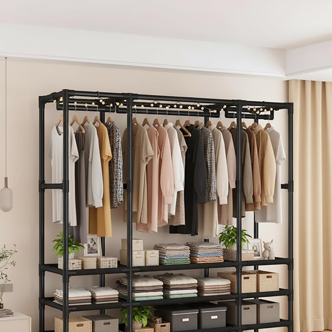 Portable Closet,Portable Closets for Hanging Clothes,Japanese Style Wardrobe with 1 Hanging Rods,2 Storage Shelves,27.5" L x 17.7" W x 65.1" H,Black