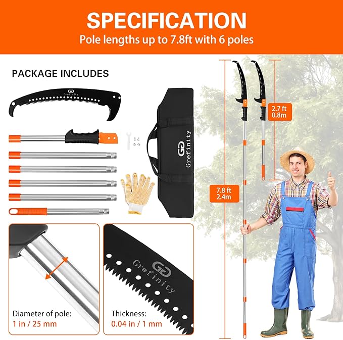 Manual Pole Saw for Tree Trimming, 7.8 FT Pruning Saw with 6-Section Stainless Steel Handle, Sharp steel Blade, Easy to Carry and Lightweight Extendable Design for Garden & Tree Maintenance