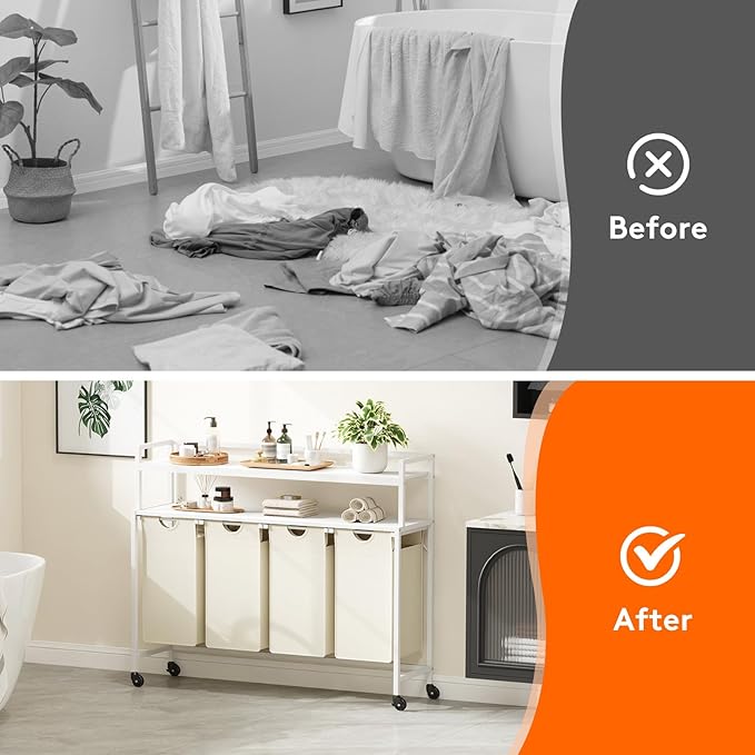Lifewit Laundry Hamper 4 Section, 168L Pull out Laundry Clothes Basket Organizer with Large Top Shelf and 4 Removable Bags and Handles for Laundry Room Bedroom Bathroom, White with Shelves and Wheels